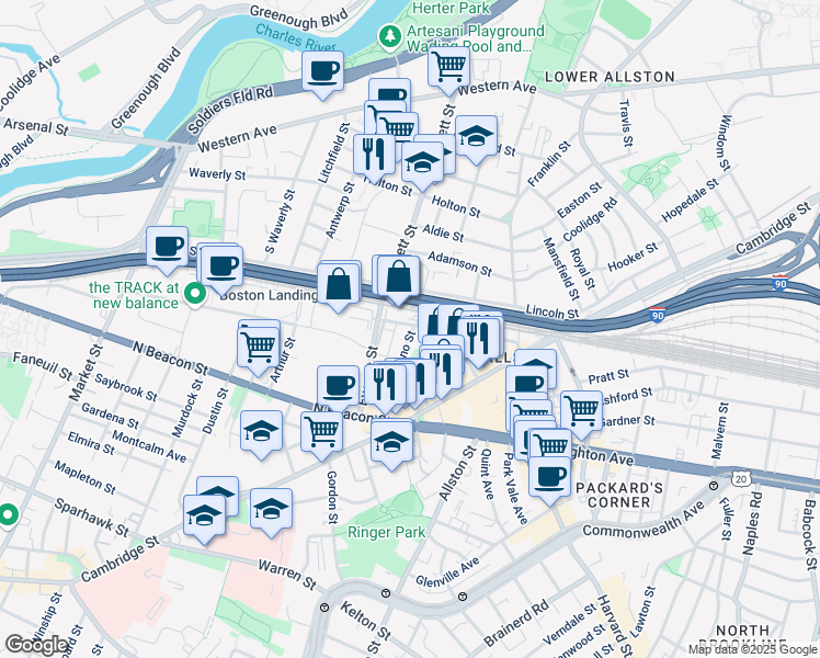 map of restaurants, bars, coffee shops, grocery stores, and more near 1 Hano Street in Boston