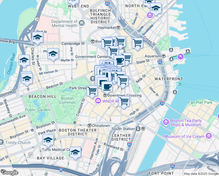 map of restaurants, bars, coffee shops, grocery stores, and more near in Boston