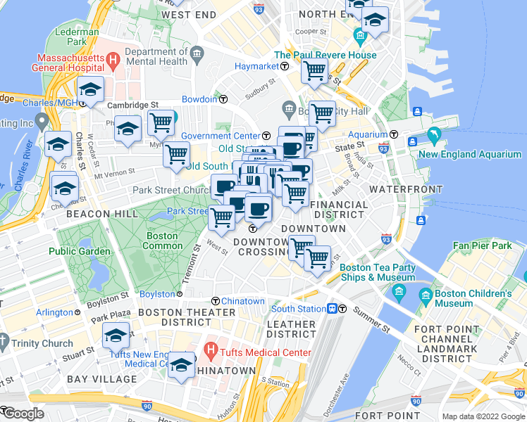 map of restaurants, bars, coffee shops, grocery stores, and more near 60 School Street in Boston