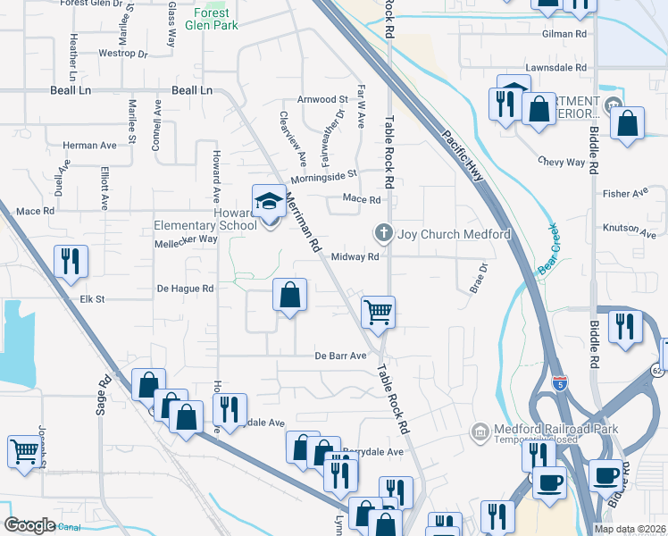 map of restaurants, bars, coffee shops, grocery stores, and more near 439 Midway Road in Medford