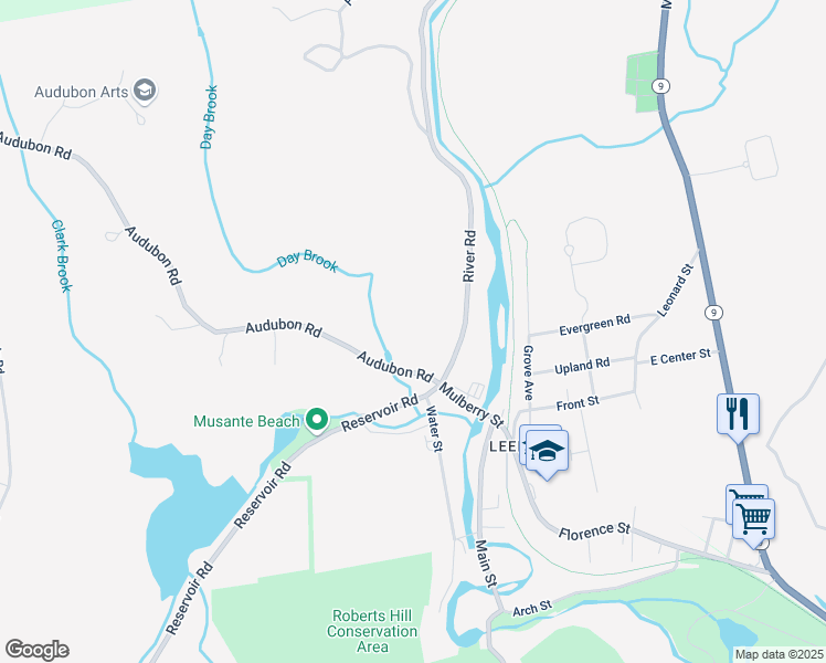 map of restaurants, bars, coffee shops, grocery stores, and more near 19 Audubon Road in Northampton