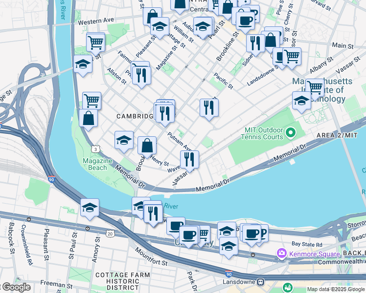 map of restaurants, bars, coffee shops, grocery stores, and more near 625 Putnam Avenue in Cambridge