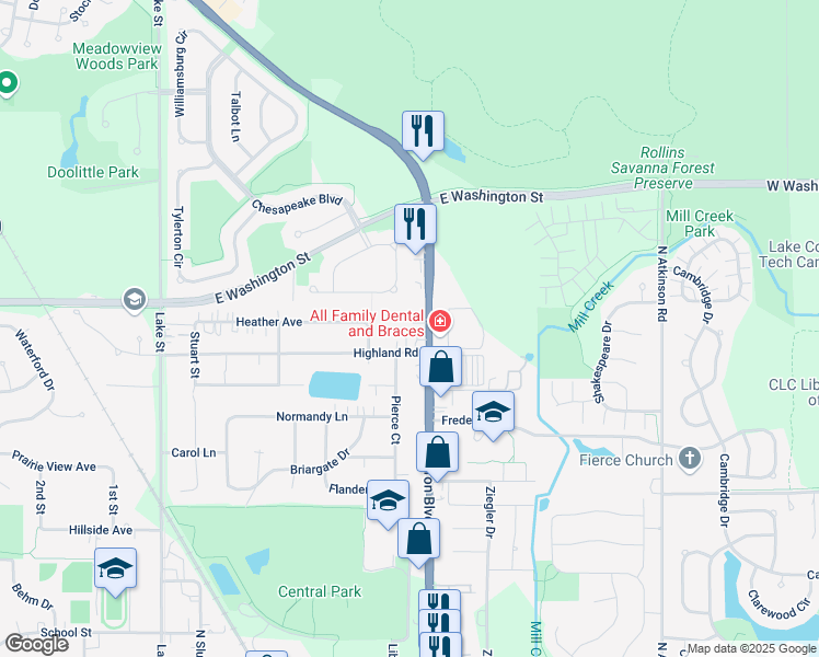 map of restaurants, bars, coffee shops, grocery stores, and more near 414 Highland Road in Grayslake