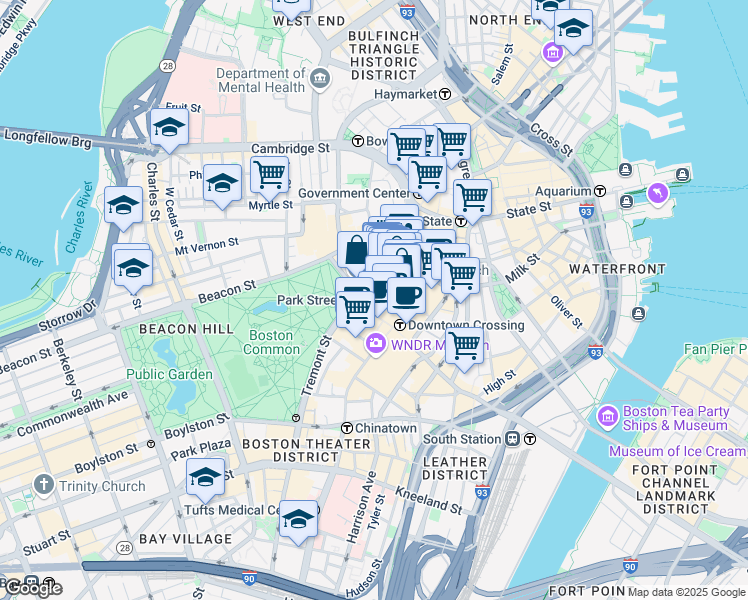 map of restaurants, bars, coffee shops, grocery stores, and more near 6 Hamilton Place in Boston