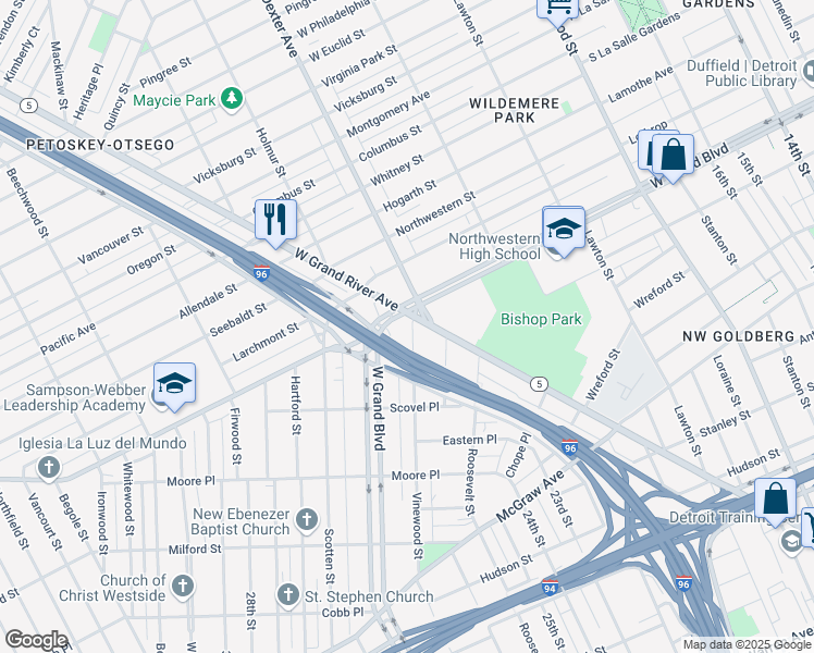 map of restaurants, bars, coffee shops, grocery stores, and more near in Detroit