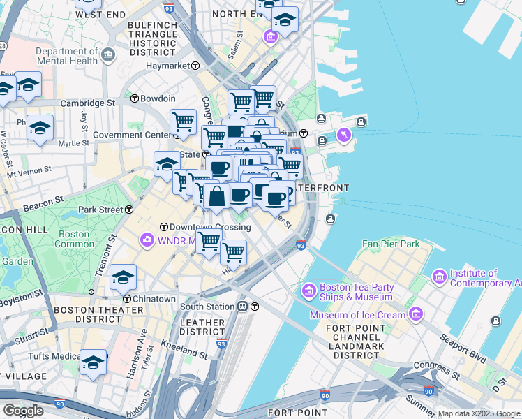 map of restaurants, bars, coffee shops, grocery stores, and more near 225 Franklin Street in Boston