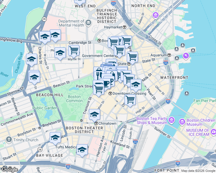 map of restaurants, bars, coffee shops, grocery stores, and more near 1 Park Street in Boston