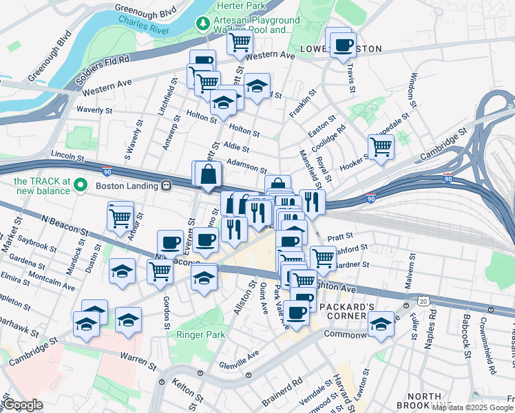 map of restaurants, bars, coffee shops, grocery stores, and more near 35-43 Braintree Street in Boston