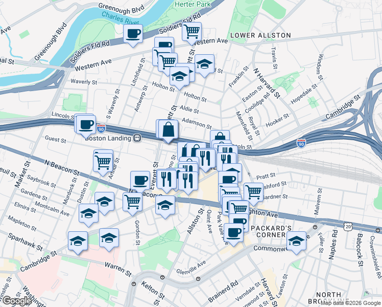 map of restaurants, bars, coffee shops, grocery stores, and more near 83-89 Braintree Street in Boston
