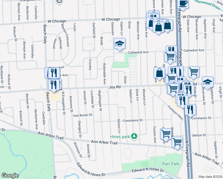 map of restaurants, bars, coffee shops, grocery stores, and more near 8815 Salem in Redford Charter Township