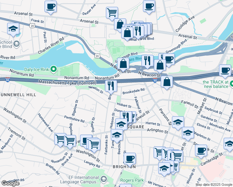 map of restaurants, bars, coffee shops, grocery stores, and more near 7 Riverview Road in Boston