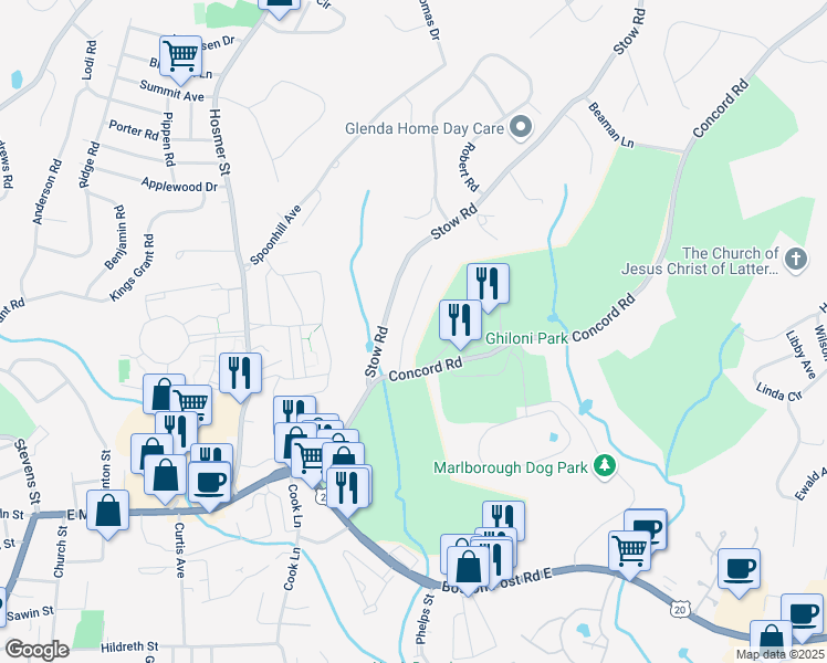 map of restaurants, bars, coffee shops, grocery stores, and more near 57 Highgate Road in Marlborough
