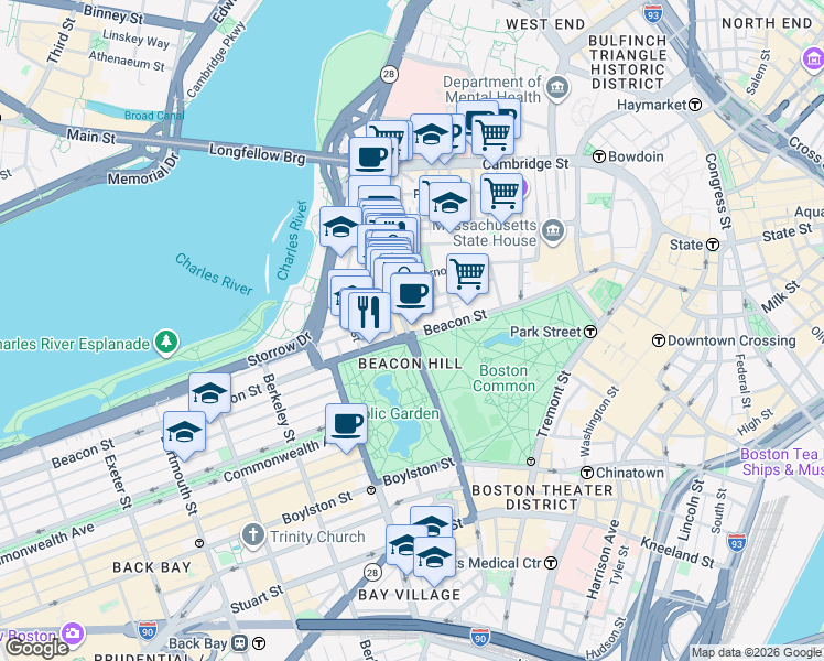 map of restaurants, bars, coffee shops, grocery stores, and more near 1 Charles Street in Boston