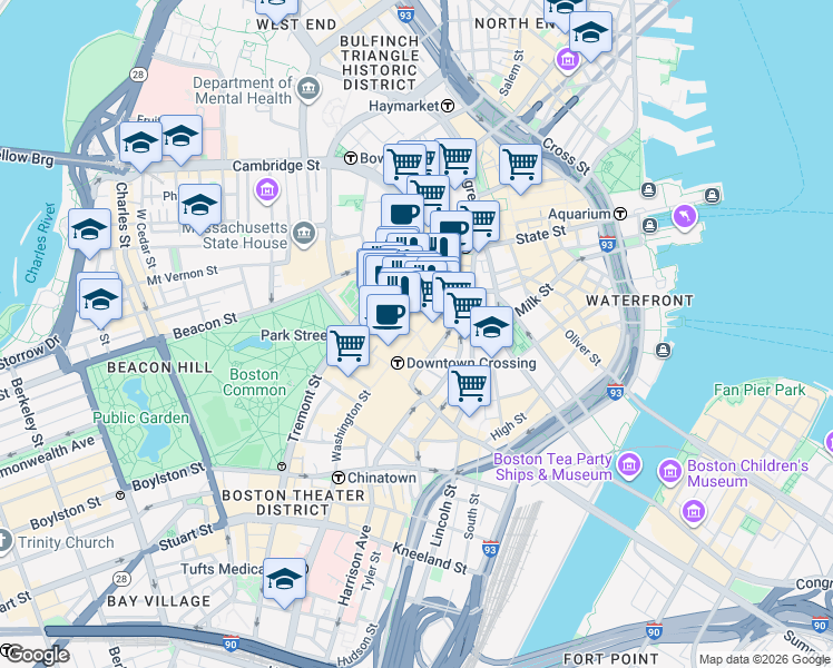 map of restaurants, bars, coffee shops, grocery stores, and more near 1 Franklin Street in Boston