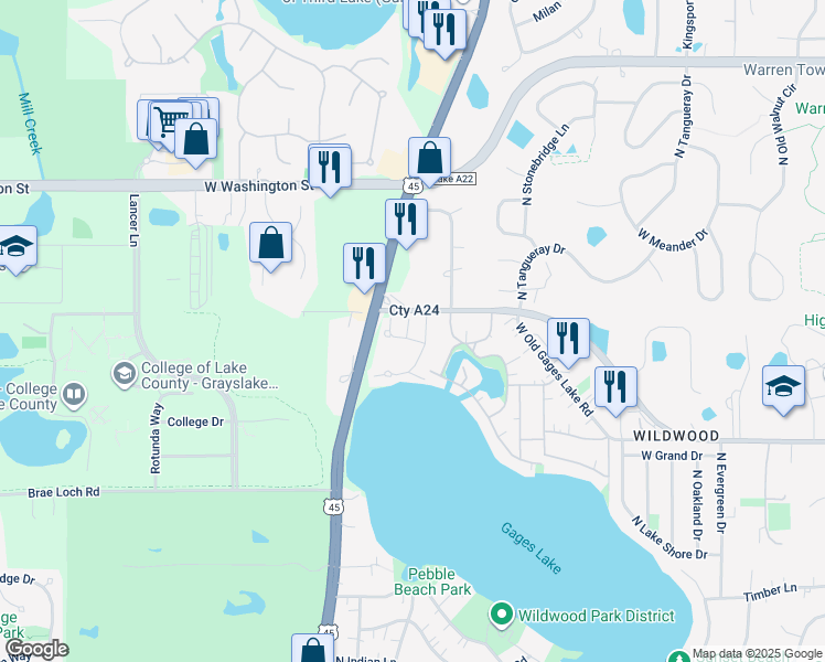 map of restaurants, bars, coffee shops, grocery stores, and more near 1870 Watercolor Place in Grayslake