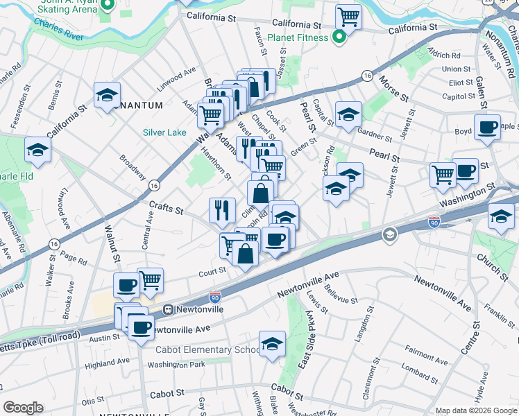 map of restaurants, bars, coffee shops, grocery stores, and more near 8 Clinton Street in Newton