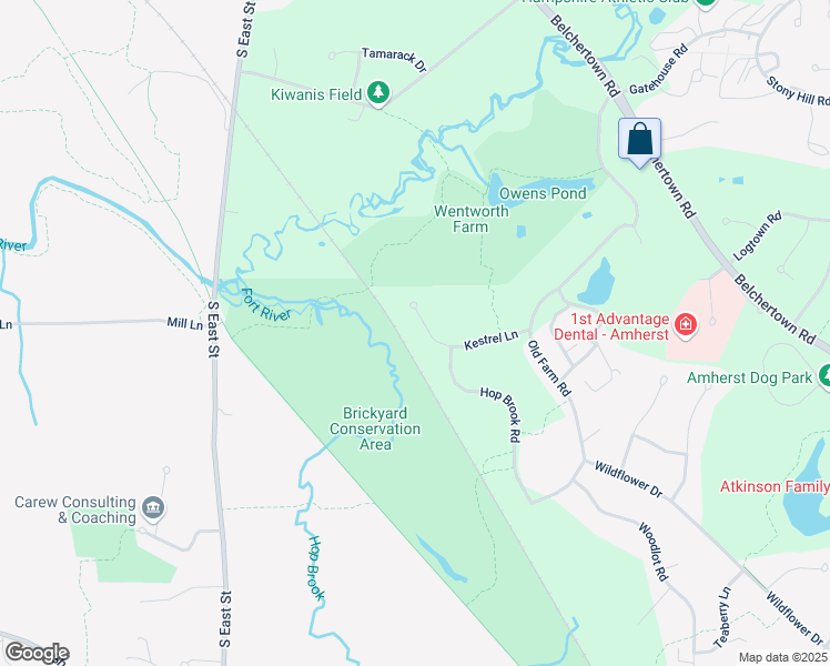 map of restaurants, bars, coffee shops, grocery stores, and more near 43 Kestrel Lane in Amherst