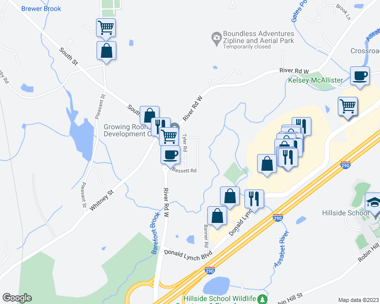 map of restaurants, bars, coffee shops, grocery stores, and more near 65 River Road West in Berlin
