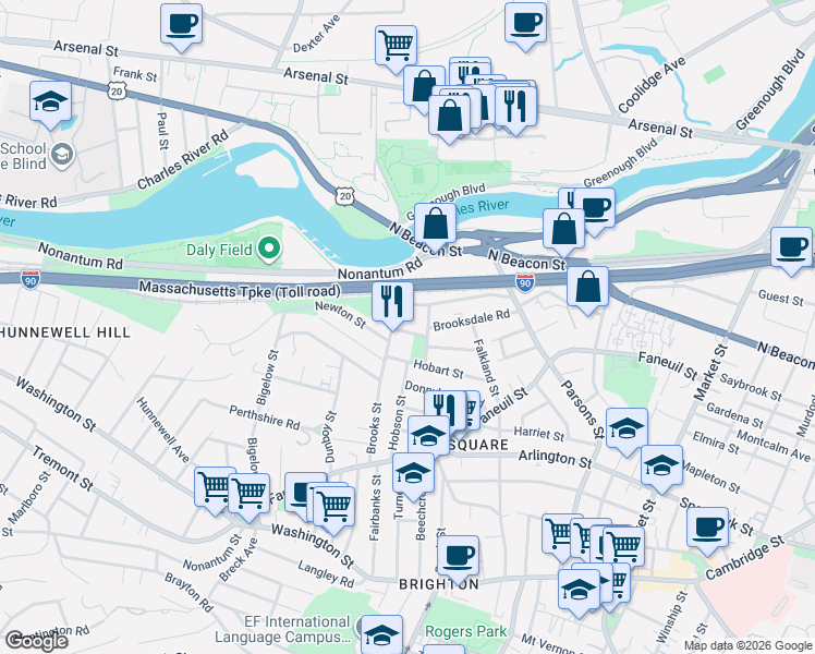 map of restaurants, bars, coffee shops, grocery stores, and more near 7 Riverview Road in Boston