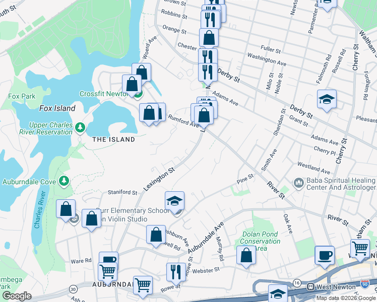 map of restaurants, bars, coffee shops, grocery stores, and more near 101 Lexington Street in Newton