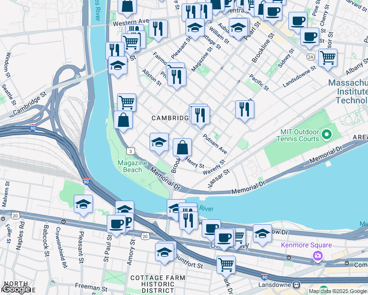 map of restaurants, bars, coffee shops, grocery stores, and more near 97 Chestnut Street in Cambridge