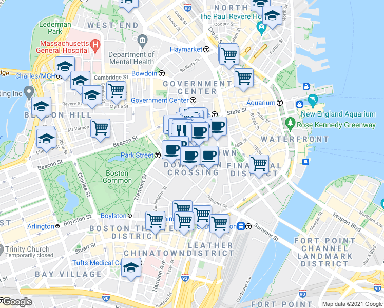 map of restaurants, bars, coffee shops, grocery stores, and more near 60 School Street in Boston