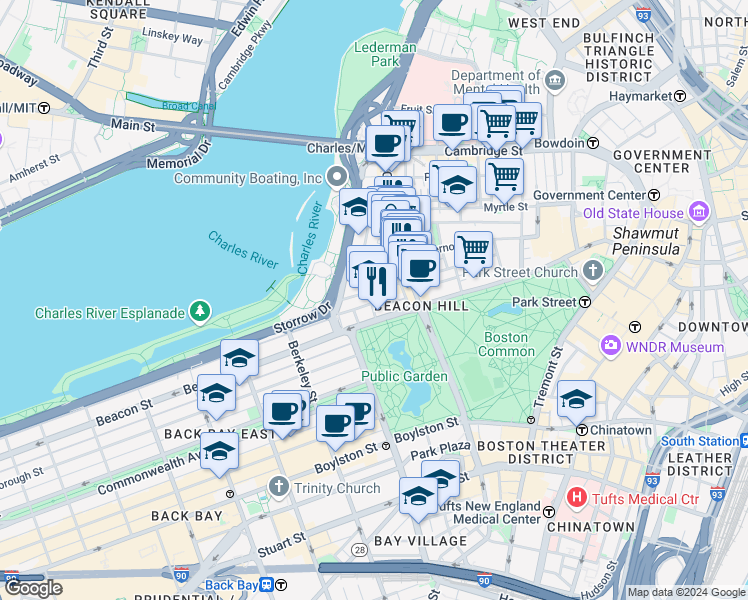 map of restaurants, bars, coffee shops, grocery stores, and more near 36 Lime Street in Boston