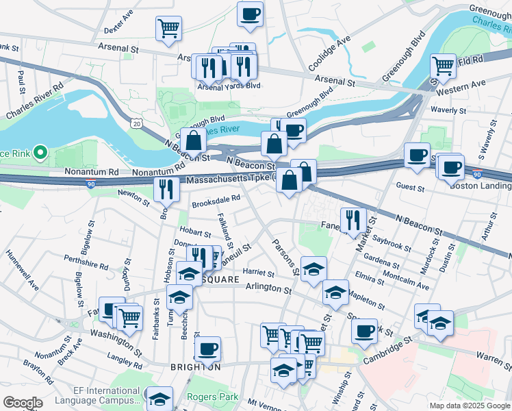 map of restaurants, bars, coffee shops, grocery stores, and more near 225 Parsons Street in Boston