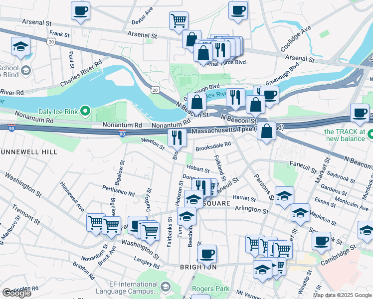 map of restaurants, bars, coffee shops, grocery stores, and more near 7 Riverview Road in Boston