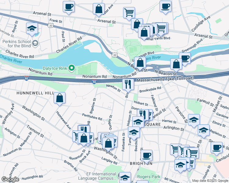 map of restaurants, bars, coffee shops, grocery stores, and more near 40 Newton Street in Boston