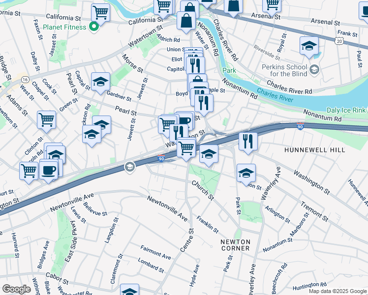 map of restaurants, bars, coffee shops, grocery stores, and more near in Newton