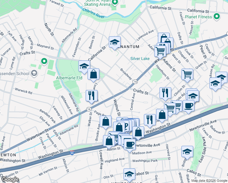map of restaurants, bars, coffee shops, grocery stores, and more near 100 Walnut Street in Newton