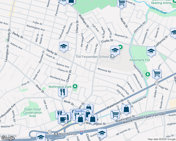 map of restaurants, bars, coffee shops, grocery stores, and more near 81 Adena Road in Newton