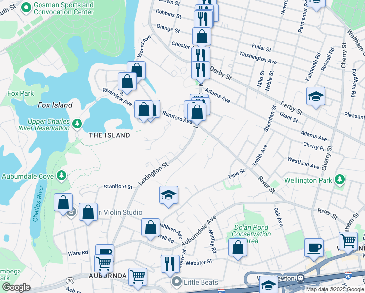 map of restaurants, bars, coffee shops, grocery stores, and more near 101 Lexington Street in Newton