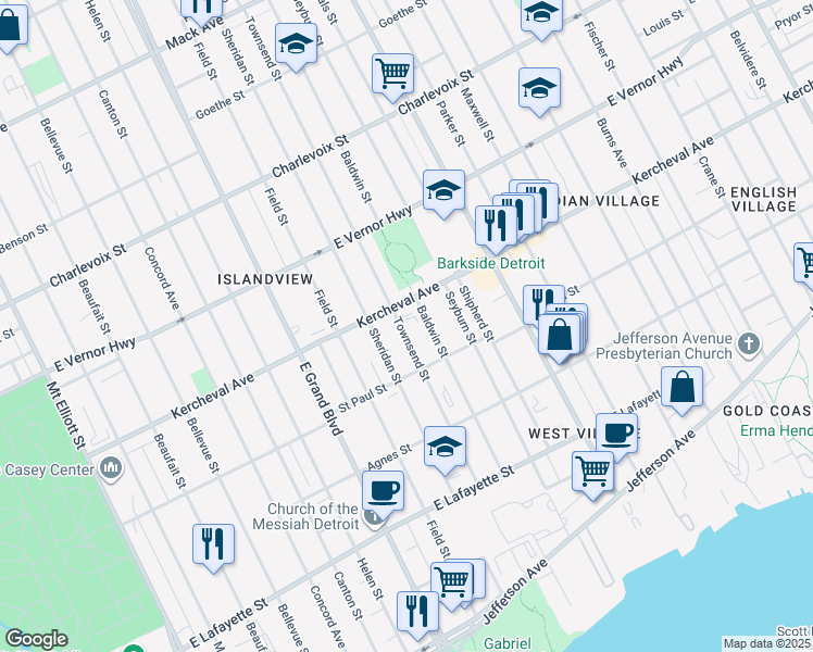 map of restaurants, bars, coffee shops, grocery stores, and more near 1804 Baldwin Street in Detroit