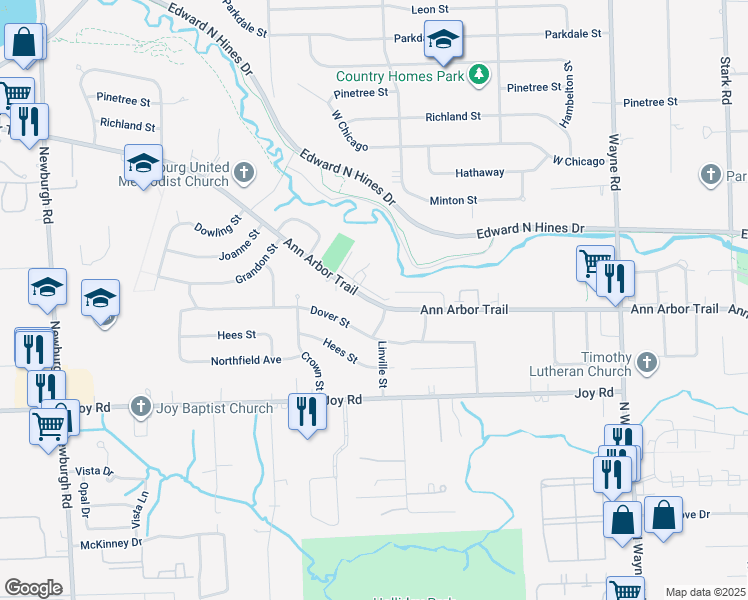 map of restaurants, bars, coffee shops, grocery stores, and more near 35992 Ann Arbor Trail in Livonia