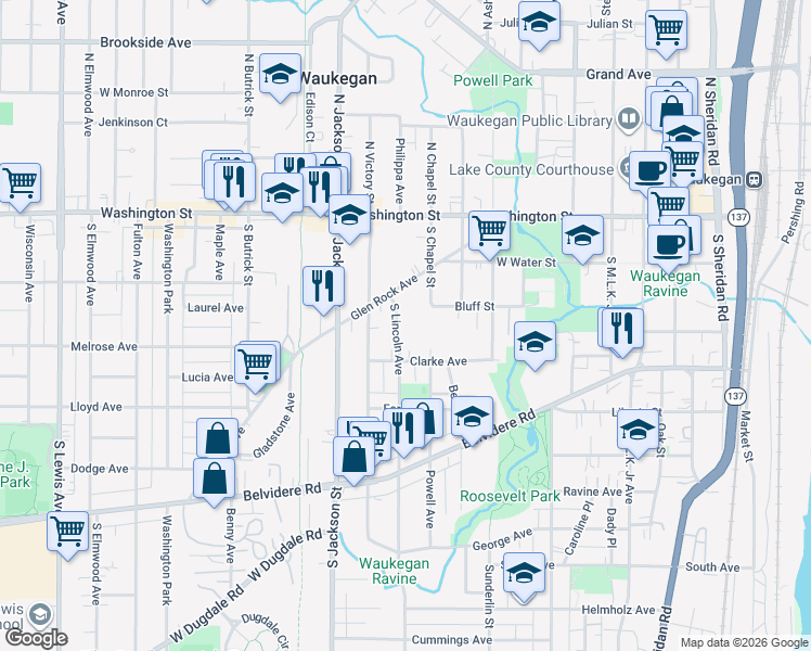 map of restaurants, bars, coffee shops, grocery stores, and more near 134 South Chapel Street in Waukegan
