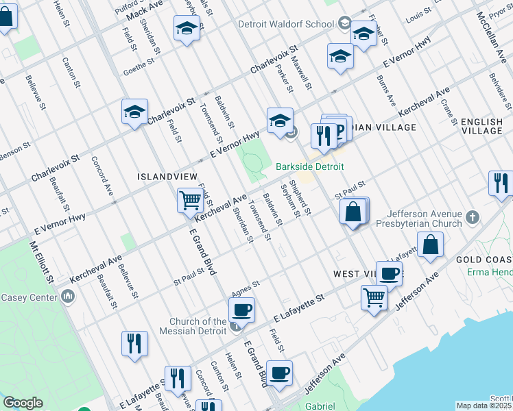 map of restaurants, bars, coffee shops, grocery stores, and more near 1792 Townsend Street in Detroit