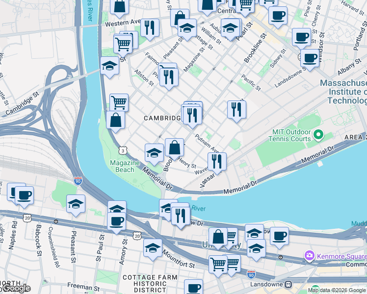 map of restaurants, bars, coffee shops, grocery stores, and more near 97 Chestnut Street in Cambridge