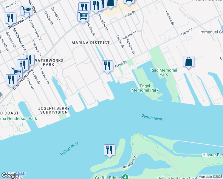 map of restaurants, bars, coffee shops, grocery stores, and more near 100 Marquette Drive in Detroit