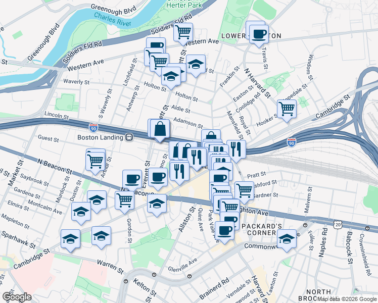 map of restaurants, bars, coffee shops, grocery stores, and more near 75 Braintree Street in Boston