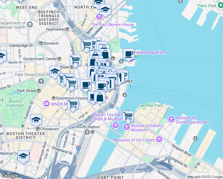map of restaurants, bars, coffee shops, grocery stores, and more near 125 Broad Street in Boston