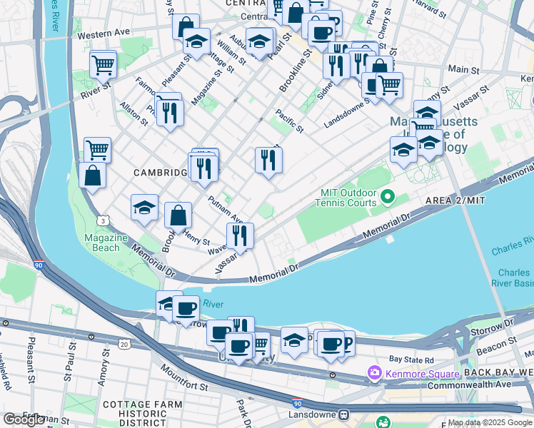 map of restaurants, bars, coffee shops, grocery stores, and more near 95 Waverly Street in Cambridge