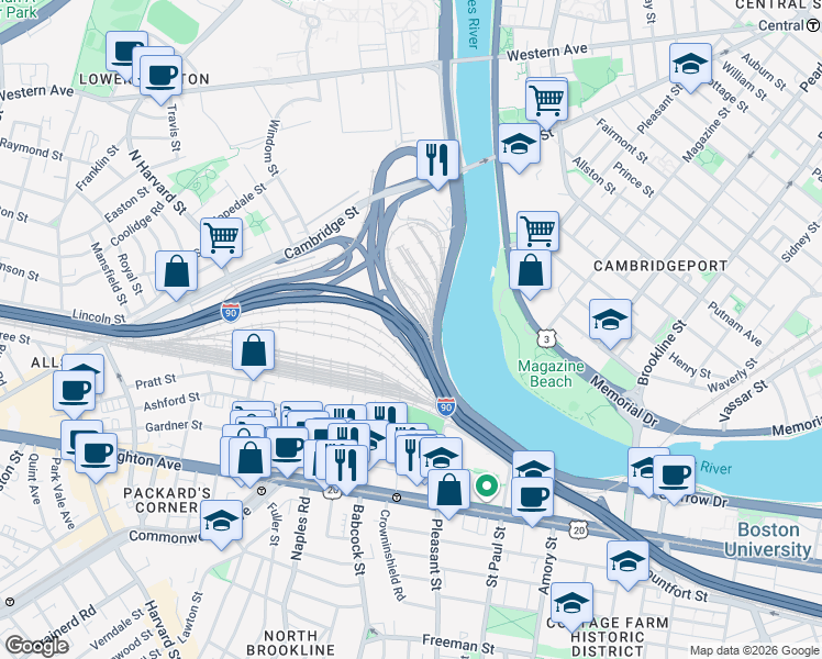 map of restaurants, bars, coffee shops, grocery stores, and more near Massachusetts Turnpike in Boston