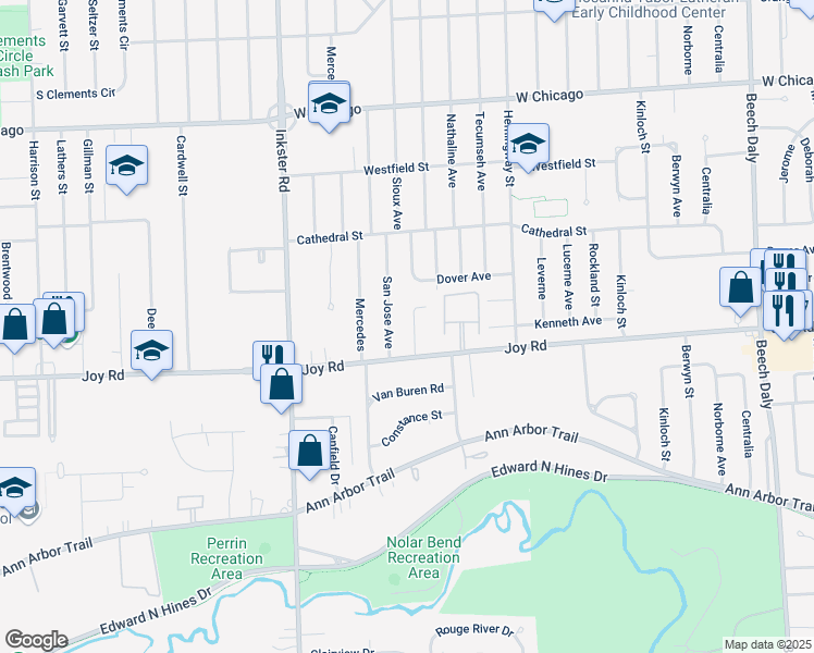 map of restaurants, bars, coffee shops, grocery stores, and more near 8924 San Jose Avenue in Redford Charter Township