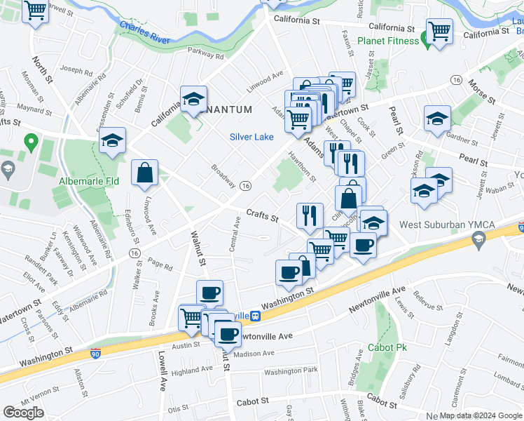 map of restaurants, bars, coffee shops, grocery stores, and more near 141 Crafts Street in Newton