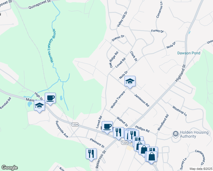 map of restaurants, bars, coffee shops, grocery stores, and more near 99 Lovell Road in Holden