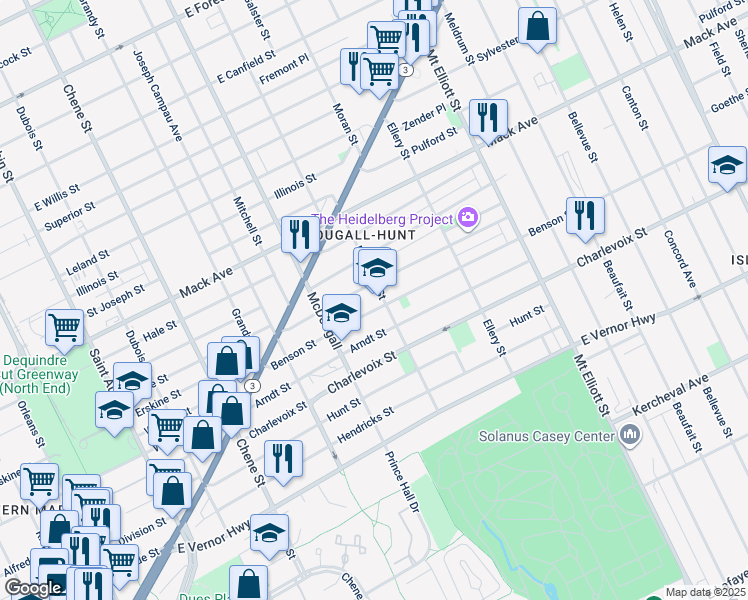 map of restaurants, bars, coffee shops, grocery stores, and more near 3201 Heidelberg Street in Detroit