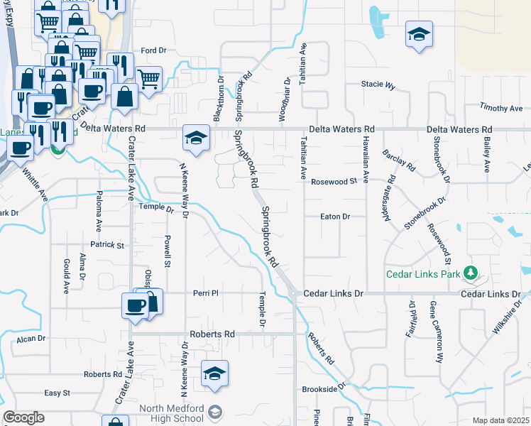map of restaurants, bars, coffee shops, grocery stores, and more near 2401 Northbrook Circle in Medford