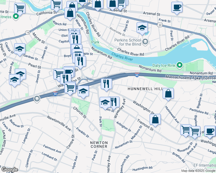 map of restaurants, bars, coffee shops, grocery stores, and more near 56 Saint James Circle in Newton